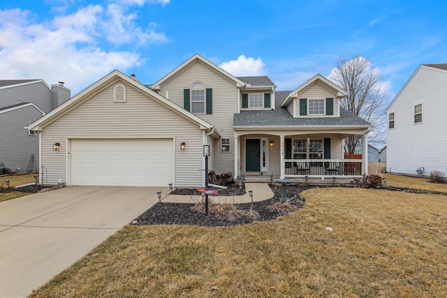 traditional home featuring a porch, a shingled roof, concrete driveway, a garage, and a front lawn