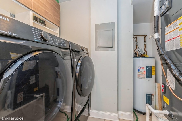 laundry area with heating unit, cabinet space, washing machine and clothes dryer, and electric water heater