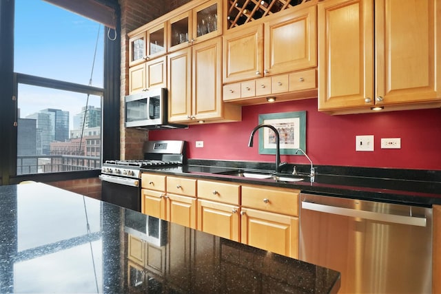 kitchen featuring a sink, appliances with stainless steel finishes, a view of city, dark stone countertops, and glass insert cabinets