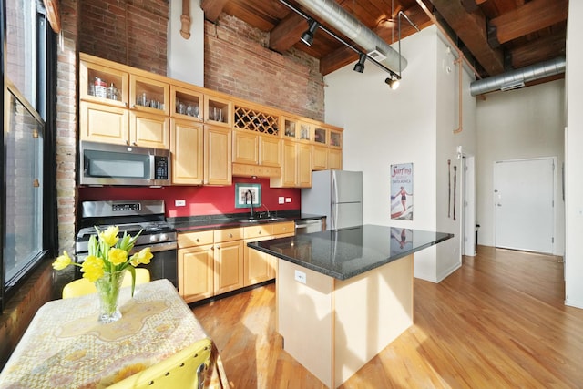 kitchen with a center island, light wood-style flooring, a high ceiling, appliances with stainless steel finishes, and glass insert cabinets