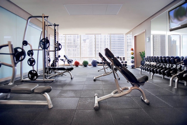 exercise room featuring expansive windows