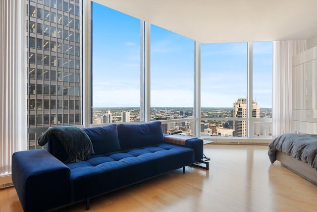 living room featuring a wall of windows, a view of city, and wood finished floors