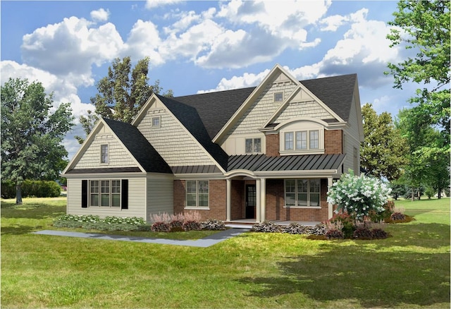 view of front of property featuring metal roof, a porch, brick siding, a standing seam roof, and a front yard