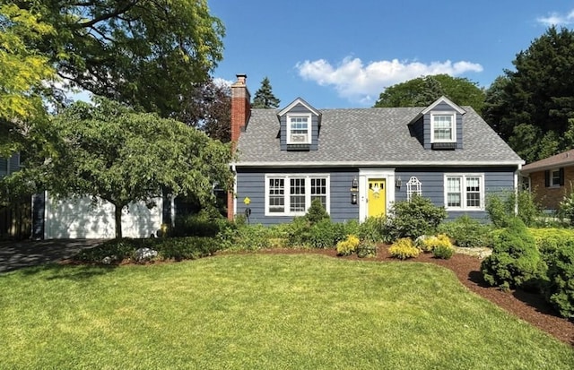 cape cod-style house with a chimney, roof with shingles, a front yard, and a garage