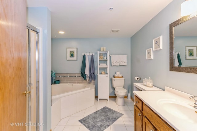 full bath featuring a garden tub, tile patterned flooring, toilet, vanity, and a shower with door