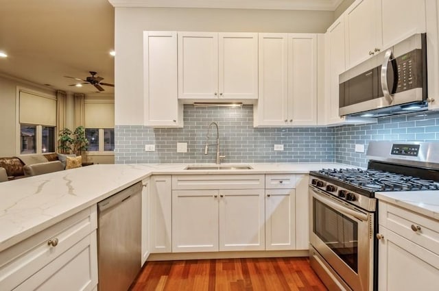 kitchen with light stone counters, light wood finished floors, appliances with stainless steel finishes, a ceiling fan, and a sink