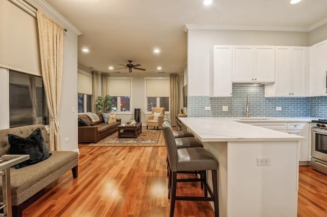 kitchen featuring light wood finished floors, ornamental molding, open floor plan, a sink, and a kitchen breakfast bar