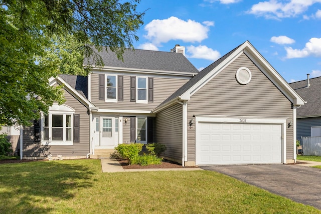 2031 Edinburgh Ln, Aurora, IL 60504 - view of front facade with asphalt driveway, a chimney, an attached garage, and a front yard