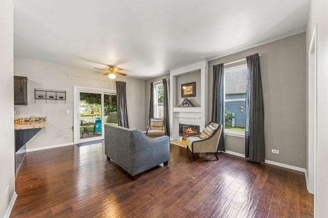 2031 Edinburgh Ln, Aurora, IL 60504 - living area with dark wood-style floors, a glass covered fireplace, and ceiling fan