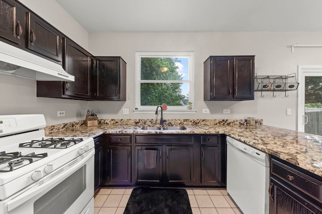 2031 Edinburgh Ln, Aurora, IL 60504 - kitchen featuring white appliances, light tile patterned flooring, extractor fan, and light stone counters