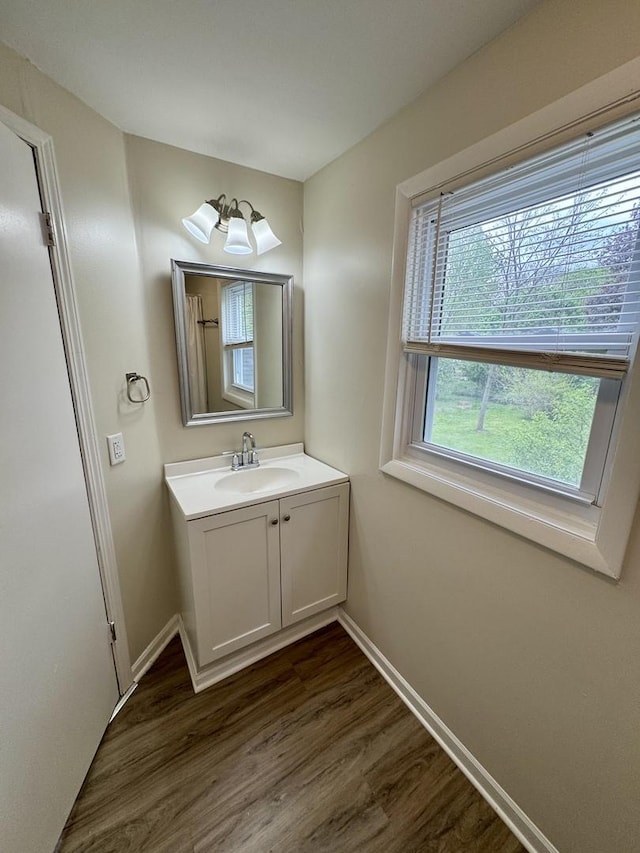 bathroom featuring baseboards, vanity, and wood finished floors