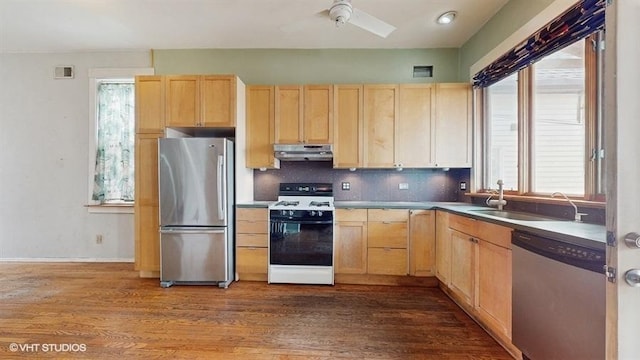 kitchen with visible vents, wood finished floors, stainless steel appliances, light brown cabinetry, and a sink