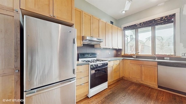 kitchen with light brown cabinets, appliances with stainless steel finishes, a sink, and under cabinet range hood