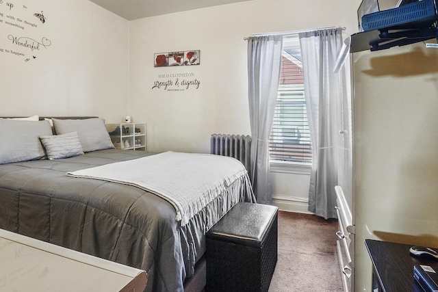 bedroom with carpet and radiator heating unit