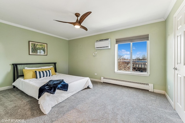 carpeted bedroom featuring baseboards, a ceiling fan, a baseboard radiator, crown molding, and an AC wall unit