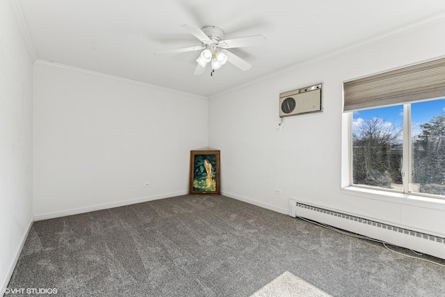 carpeted empty room featuring baseboards, crown molding, baseboard heating, and ceiling fan