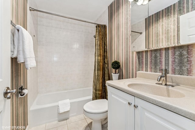 bathroom featuring toilet, shower / tub combo, vanity, tile patterned flooring, and wallpapered walls