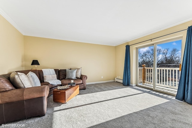 carpeted living area featuring a baseboard radiator, baseboards, and crown molding