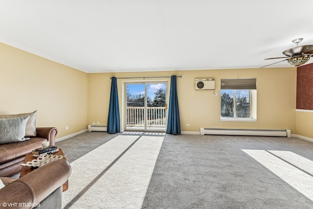 living room with baseboards, carpet flooring, and baseboard heating