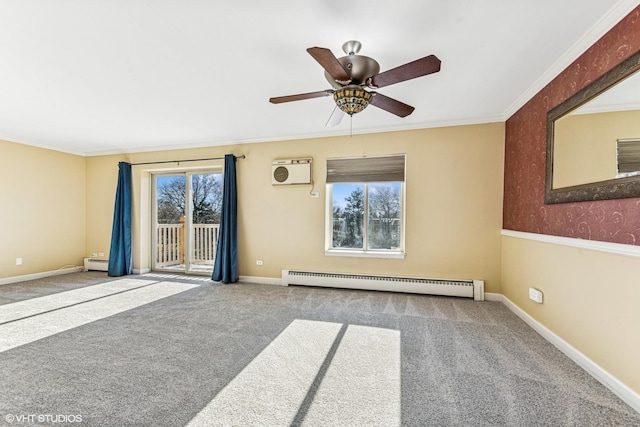 carpeted empty room with a wealth of natural light, a baseboard radiator, ornamental molding, and baseboards