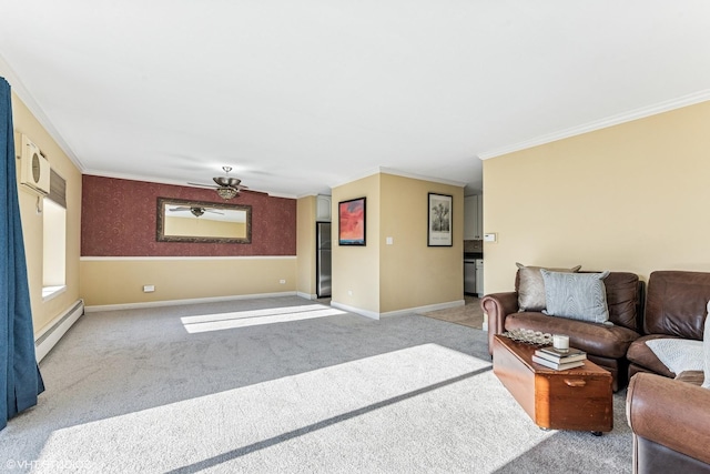 carpeted living room featuring baseboards, baseboard heating, a ceiling fan, and crown molding