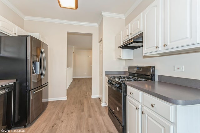 kitchen featuring under cabinet range hood, black appliances, dark countertops, and ornamental molding