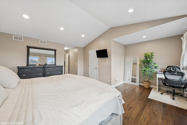 bedroom featuring vaulted ceiling, dark wood-type flooring, visible vents, and recessed lighting