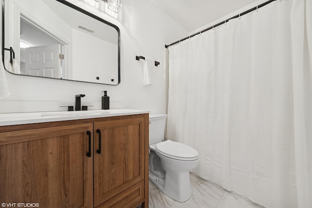 full bathroom featuring toilet, marble finish floor, visible vents, and vanity