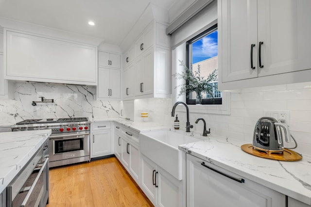 kitchen with light stone countertops, designer range, white cabinetry, and a sink