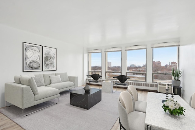 living area featuring a view of city and wood finished floors