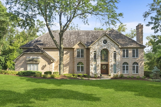 view of front of property with a chimney and a front yard