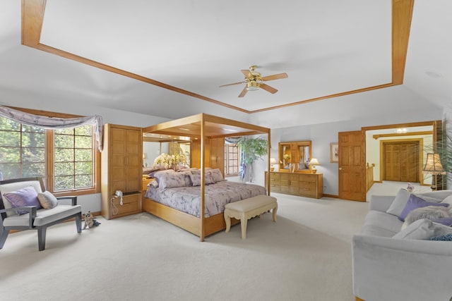 carpeted bedroom with ceiling fan, multiple windows, and a raised ceiling