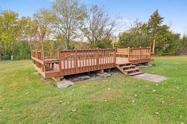 wooden deck featuring a yard