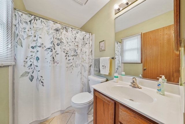 full bathroom with vanity, a shower with shower curtain, tile patterned flooring, and toilet