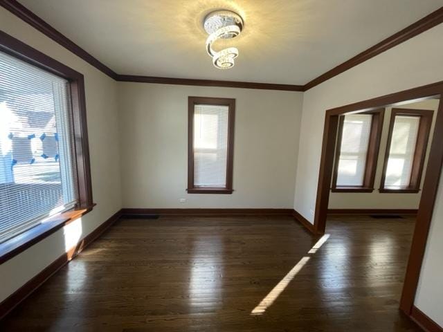 empty room featuring baseboards, wood finished floors, a wealth of natural light, and crown molding