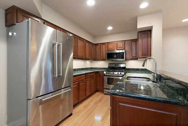 kitchen featuring stainless steel appliances, recessed lighting, a sink, and light wood-style floors