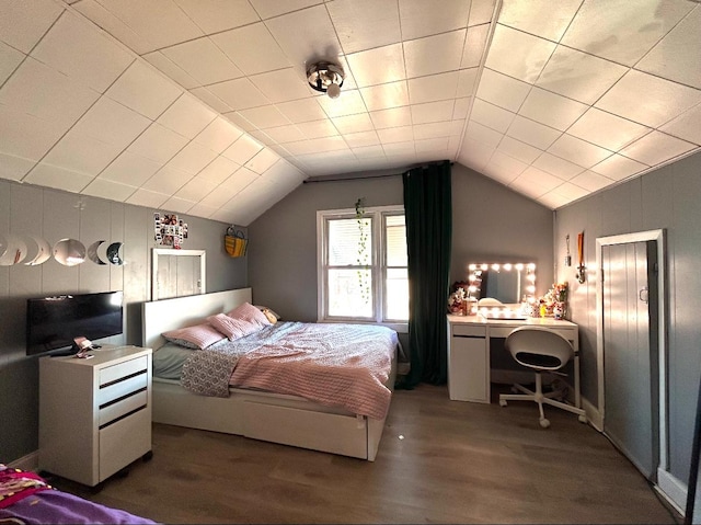 bedroom with lofted ceiling and wood finished floors