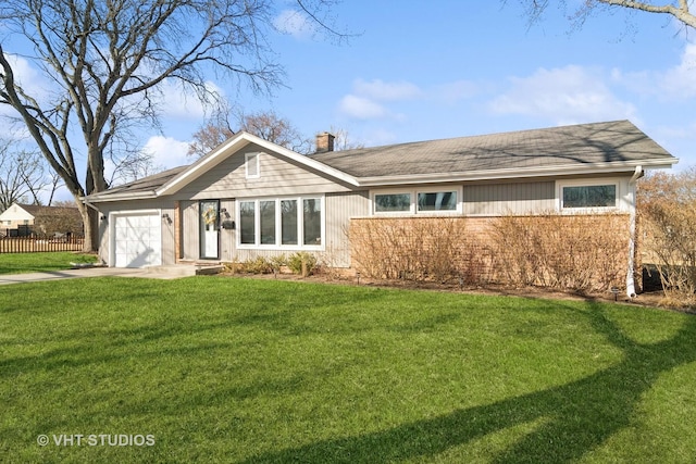 ranch-style home featuring a front lawn, fence, concrete driveway, an attached garage, and a chimney