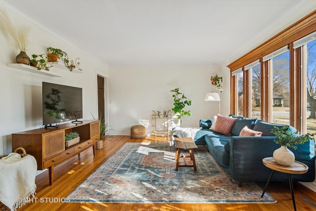 living room with baseboards and wood finished floors