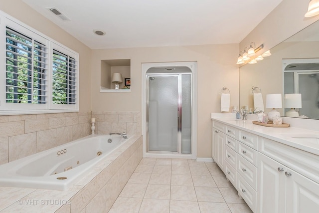 full bathroom with visible vents, a shower stall, tile patterned floors, a whirlpool tub, and double vanity