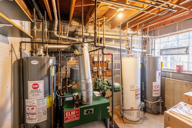 utility room with water heater and a heating unit