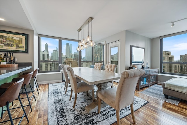 dining area featuring light wood finished floors, track lighting, and a city view