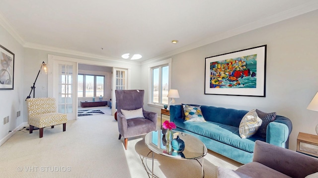 carpeted living area featuring ornamental molding, french doors, visible vents, and baseboards