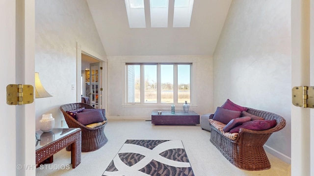 living area with high vaulted ceiling, carpet flooring, and baseboards