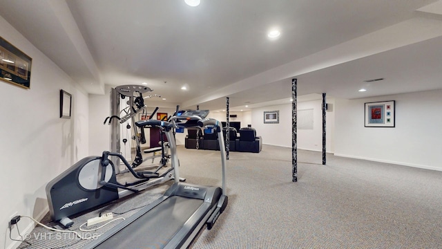 workout area featuring baseboards, visible vents, carpet flooring, and recessed lighting