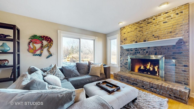 living room featuring a fireplace, baseboards, and wood finished floors