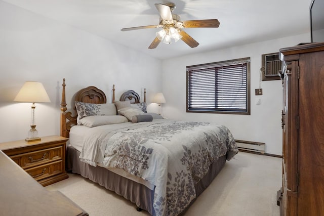 bedroom featuring a baseboard heating unit, a wall mounted air conditioner, light colored carpet, and a ceiling fan