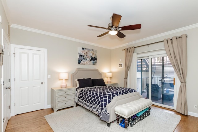 bedroom with light wood-type flooring, access to outside, and crown molding