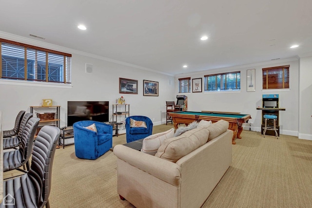 playroom featuring light colored carpet, visible vents, ornamental molding, billiards, and baseboards