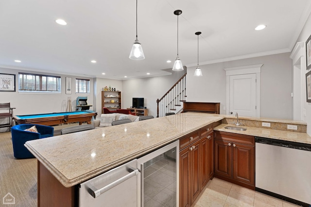 kitchen featuring dishwasher, wine cooler, ornamental molding, brown cabinets, and a sink